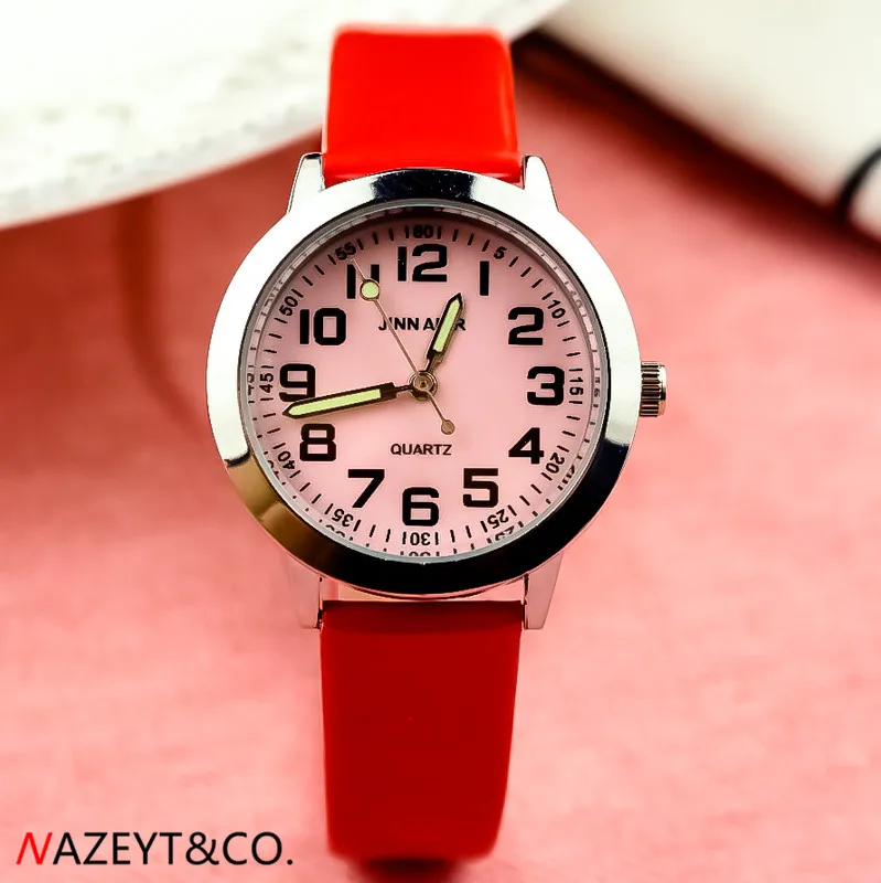 NAZEYT little boys girls cute pink face simple design quartz watch children PU leahter wristwatch kids luminous hands gift clock