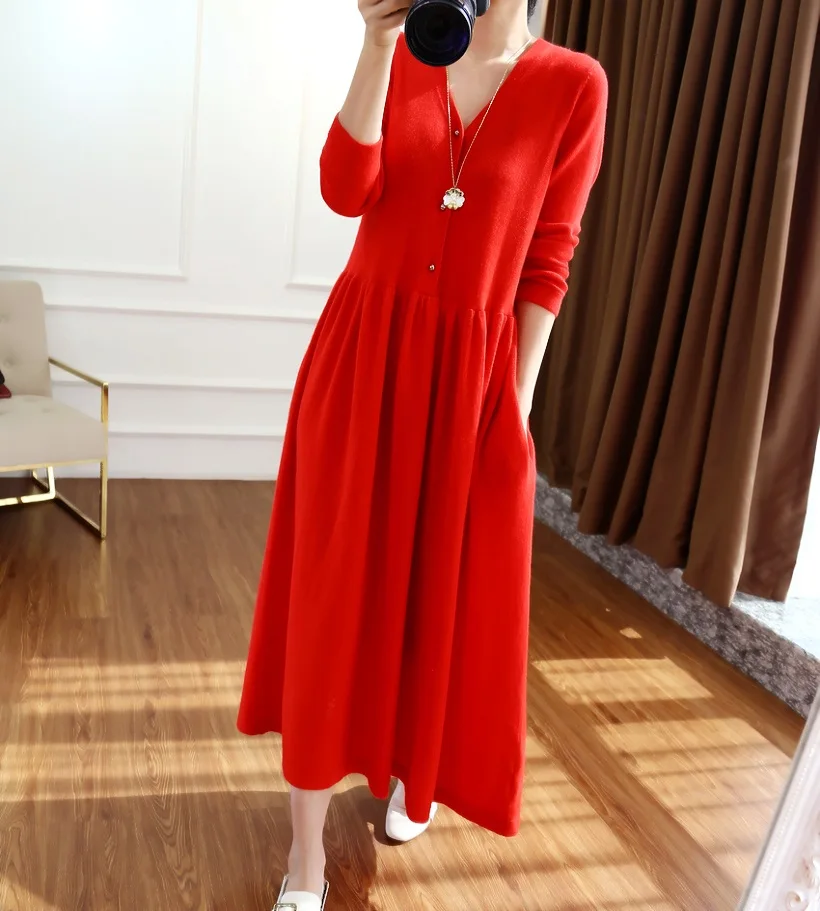 

2021 Autumn And Winter New V-Neck100% Wool dress female Temperament Long Paragraph OverThe Knee Big Dress Long Girl Clothes