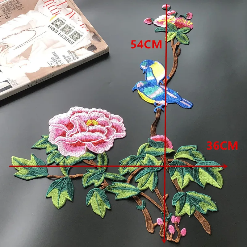 1Pcs Chinese Style Big Peony Flower Embroidery Patch Birds Applique African Lace Sewing On Clothes Patches Accessory Diy
