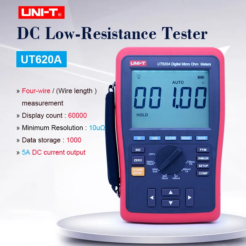 Digital Micro Ohm Meter DC low resistance tester 120mOhm-6kOhm Ohmmeter Manual range Data storage 4-wire measure UNI-T UT620A