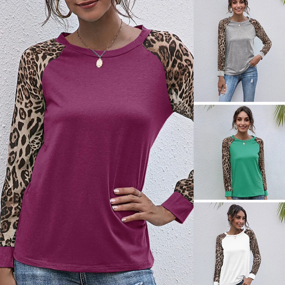 

2021 Spring Autumn Leopard Stitched Chiffon Long Sleeve T-Shirt Loose Casual Top Femme Sexy Plus Sizes for women