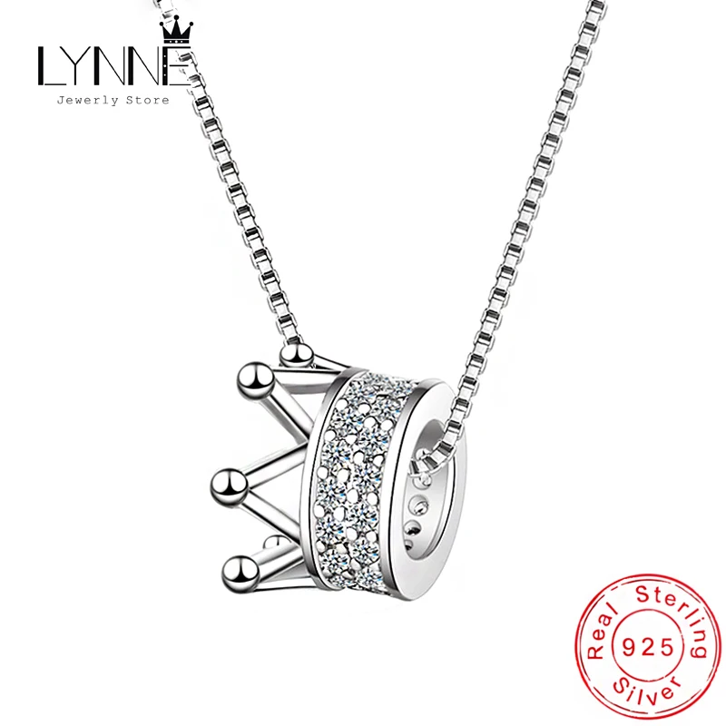 Nowa moda 925 Sterling Silver Obrotowa korona Okrągły CZ Wisiorek Naszyjnik Rhinestone Charm Obojczyk Naszyjniki Biżuteria damska Prezent