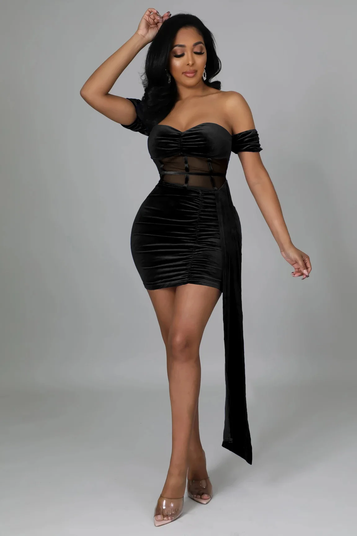 Women Mesh See Though Velvet Patchwork Off Shoulder Sweetheart Neck Bodycon Midi Mini Ruched Dress Sexy Night Party