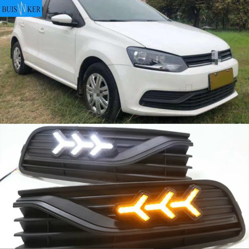 

Дневные ходовые огни для VW Volkswagen Polo 2014-2018, Желтый поворотный сигнал, Светодиодные ДХО, противотуманные фары, 2 шт.