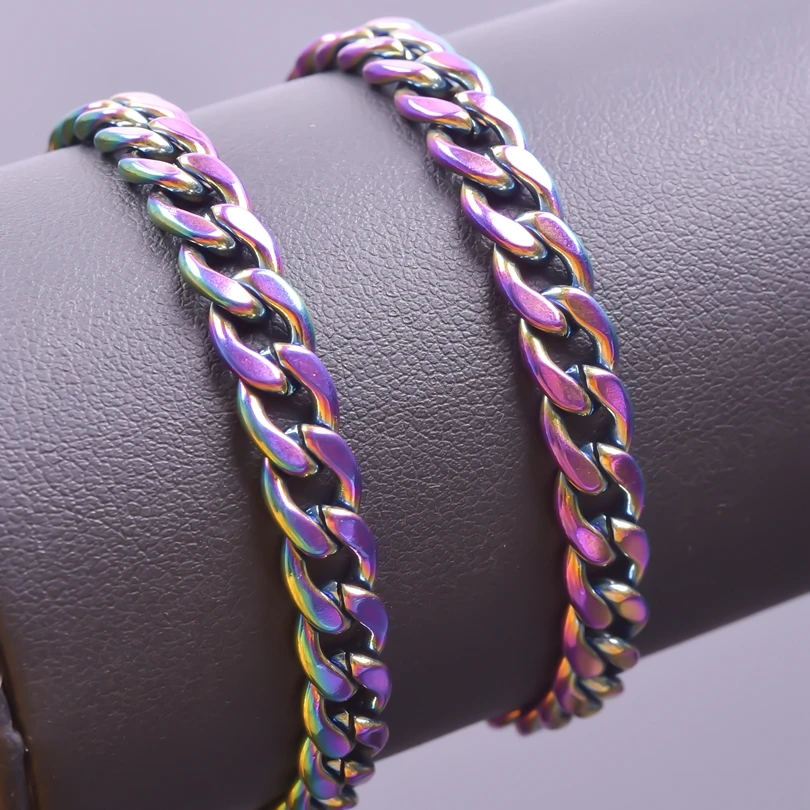 10PCS Rainbow Color Stainless Steel Chain Men Bracelet Necklace 6.5mm Thick 8inch 16