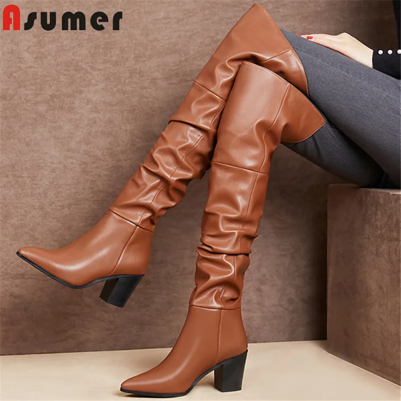 

ASUMER Newest genuine leather thigh high boots women high heel party prom shoes autumn winter pleated over the kne boots woman