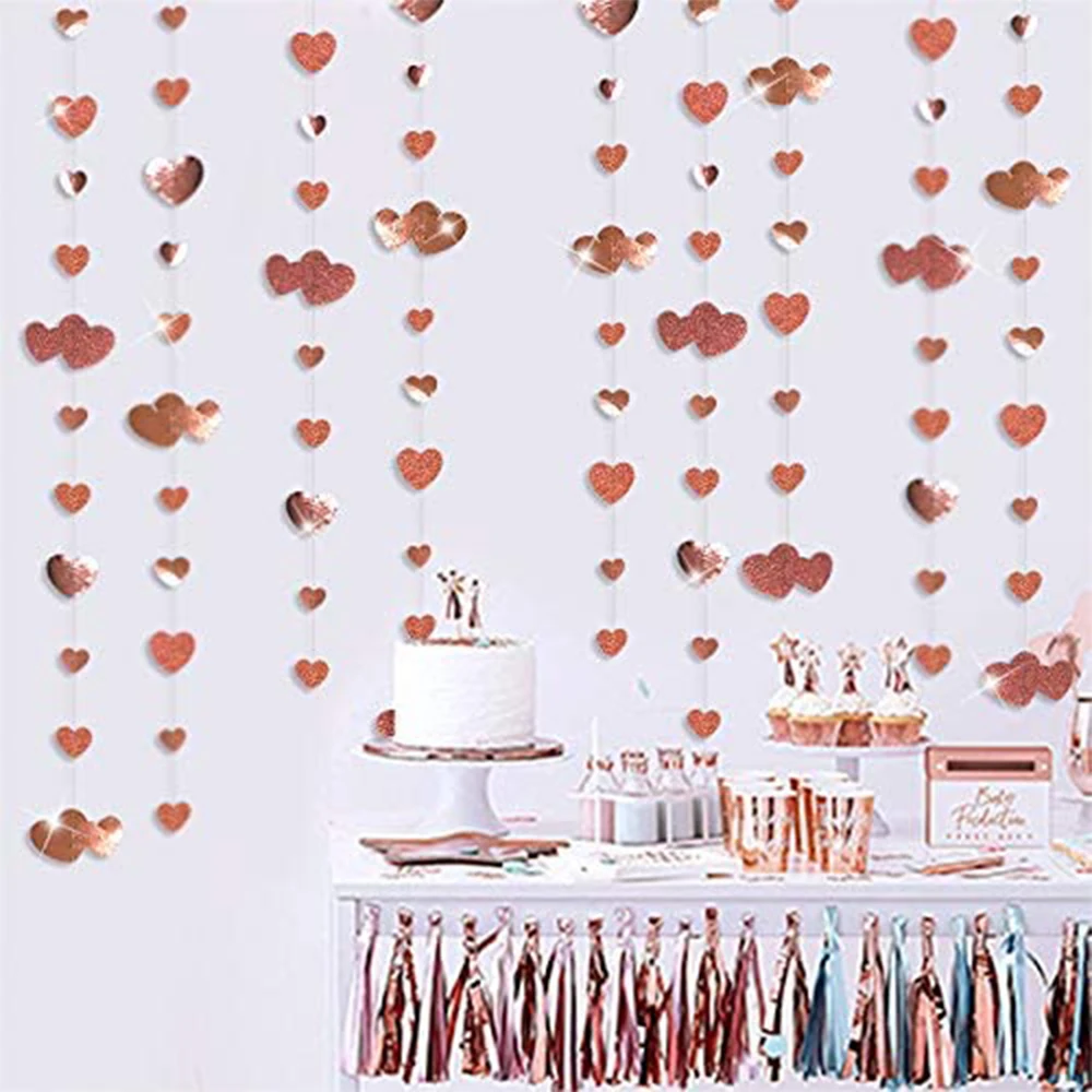 

Rose Gold Heart Hanging Garland Paper Love Shape Streamer Banner for Bachelorette Engagement Wedding Valentines Party Decoration