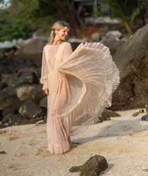 Pearls Wedding Sleepwear Long Sleeves Ruffles Elegant Bling Floor Length Customize Evening Gown