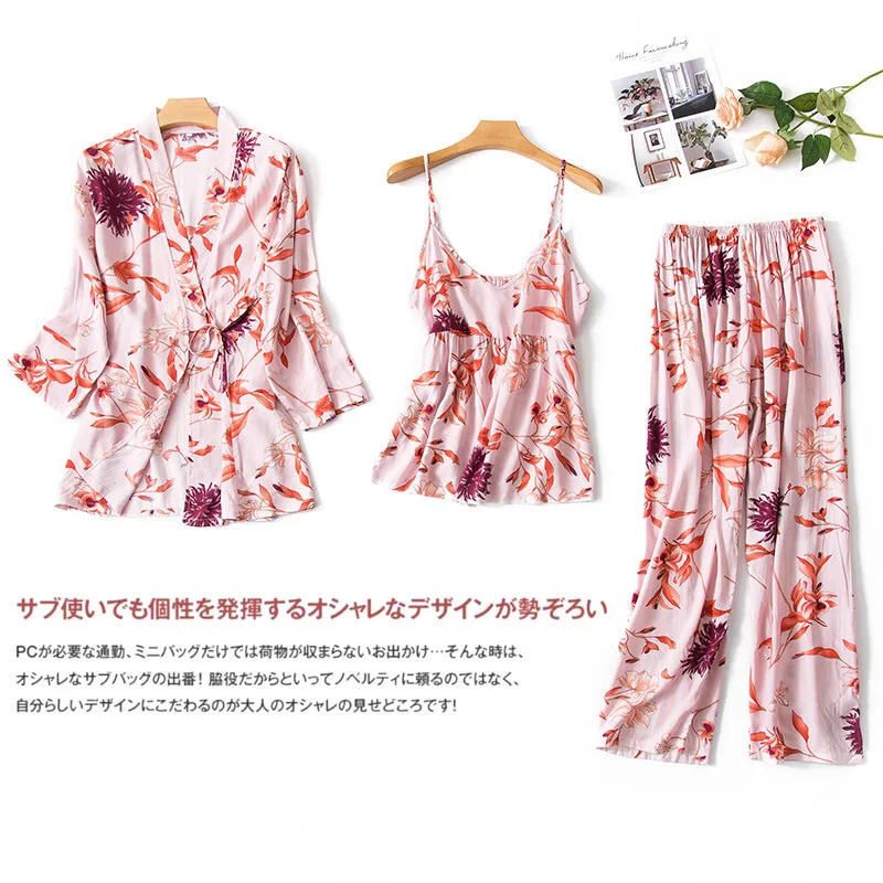 

3Pcs Spring Summer Women Pajamas Sleepwear Female Pink Casual Soft Elastic Cute Nightwear Retro Pajama Sets Nightgown Homewear