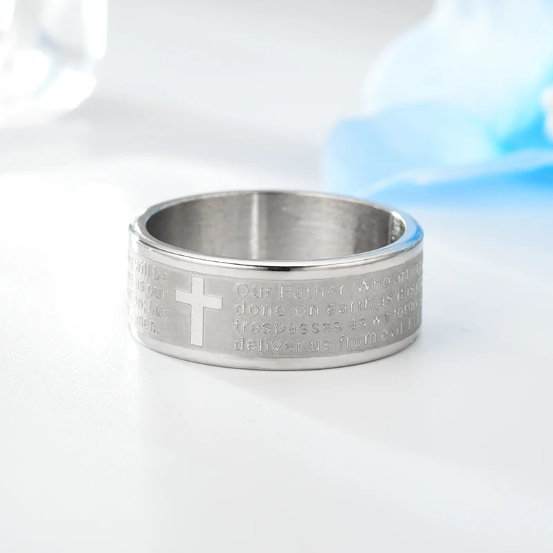 8mm Titanium Stainless Steel English Letter Lord\'s Prayer Ring Men\'s Bible Cross Rings For Women Men Jesus Christian Jewelry