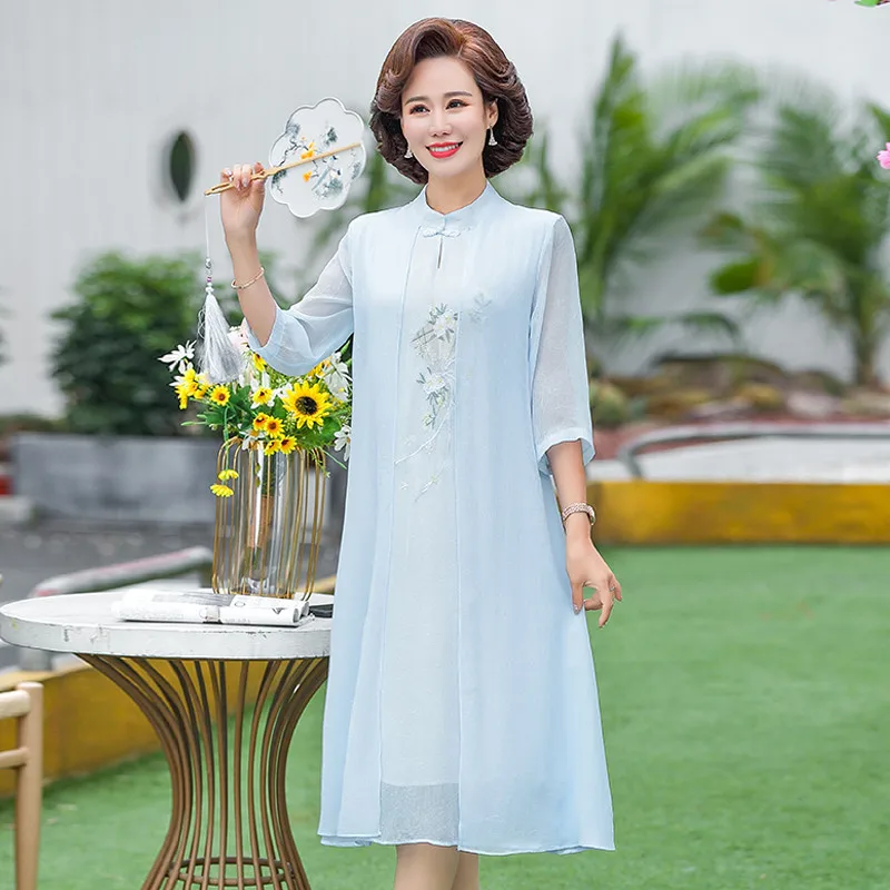 Fake Two-piece Dress Female Summer 2023 Vintage Wedding Party Mother Dress Floral Printing Improved Cheongsam Dress Vestidos