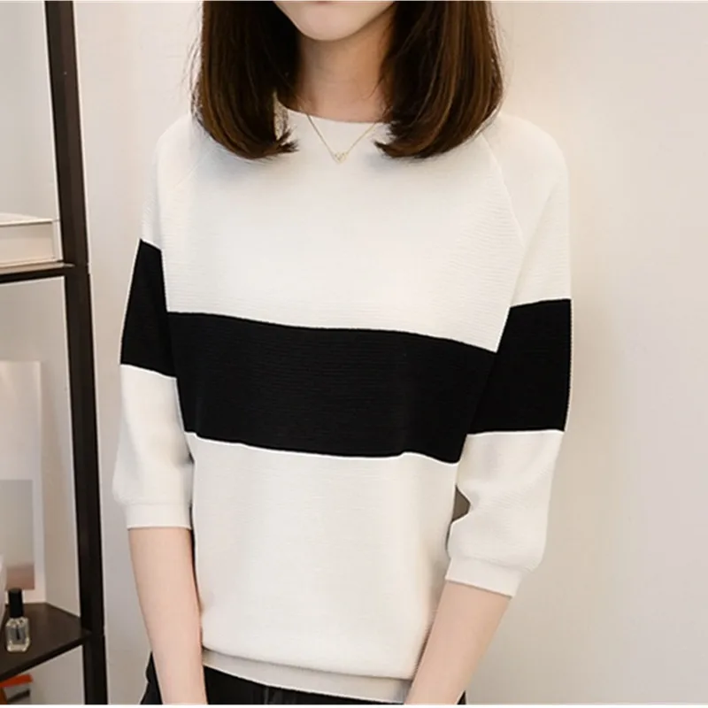 UHYTGF Autumn T-shirts for women fashion ice silk knit pullover loose tops women three-quarter sleeves elegant women t shirt 530