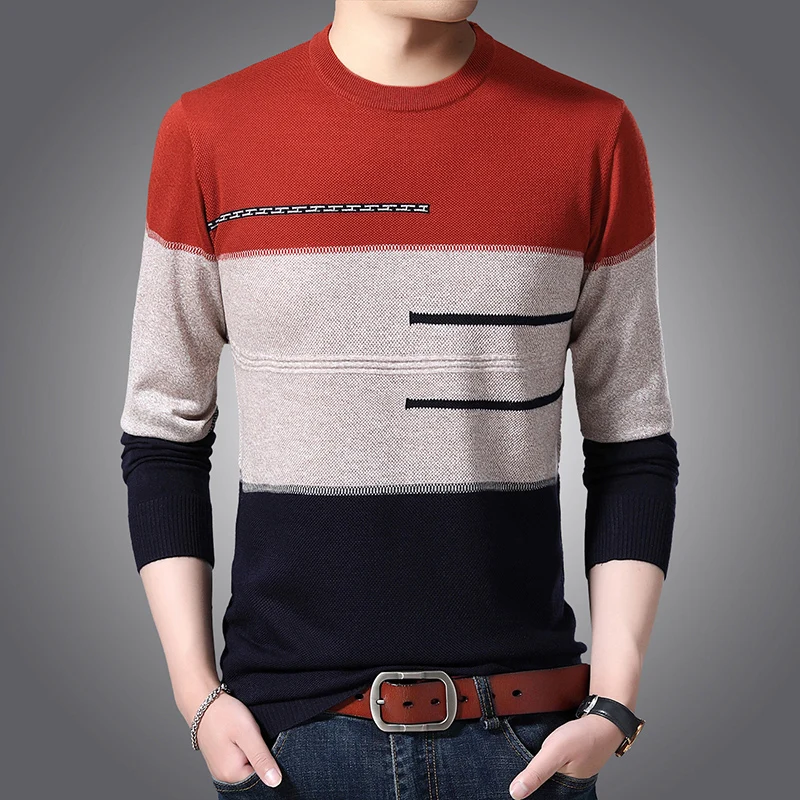 

Man Jersey Jumper Casual Wide Striped Sweaters Pullover O-Neck Patchwork Colors Stripes Sweater Knit Clothes