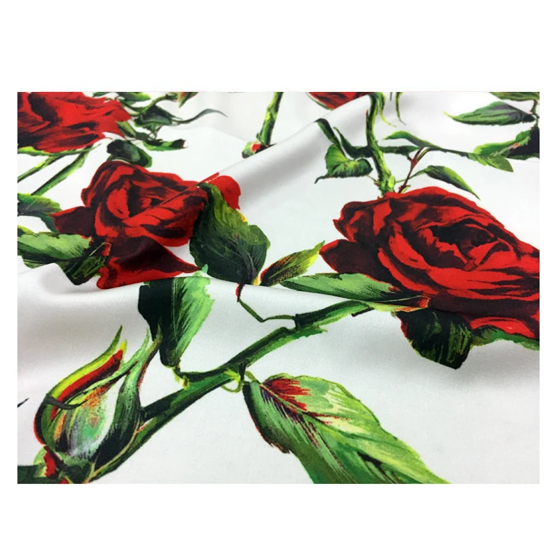 Rose Red Printing 100% Polyester Stretch Satin Fabric Fashion Women\'s Clothing Shirt Dress Chiffon Fabrics Cloth Per Meter