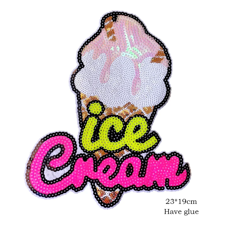 Sequins Ice Cream Patch French fries Embroidery Patch Letters Embroidered Wholesale Badges Iron on patches