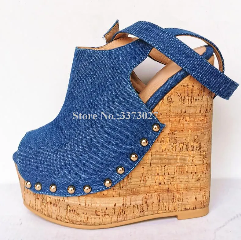 New Design Denim Platform Wedge Sandals Women Sexy Peep Toe Ankle Strap Rivets Gladiator Sandals Lady Real Photos Jeans Sandals