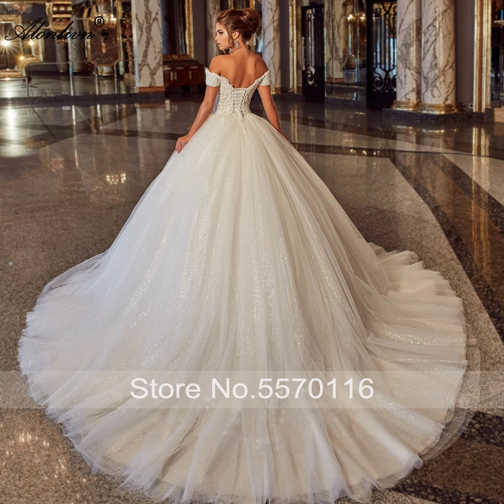 Alonlivn Luxury Voile Scalloped Lace Up Beading Pearls A-Line Wedding Dresses vestido de noiva