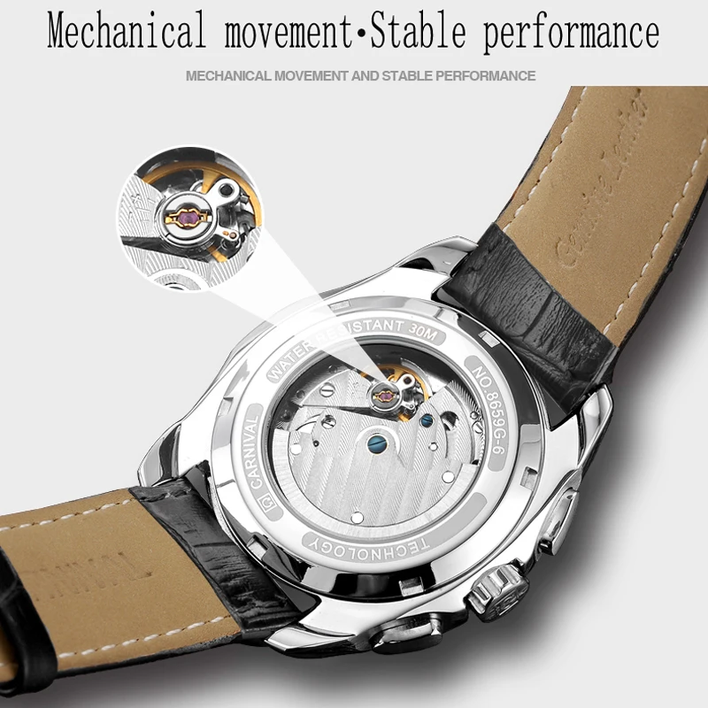 Carnival Brand Fashion Mechanical Watch for Men Leather Strap Waterproof Multifunction 24 Hour Business Mens Automatic Watches