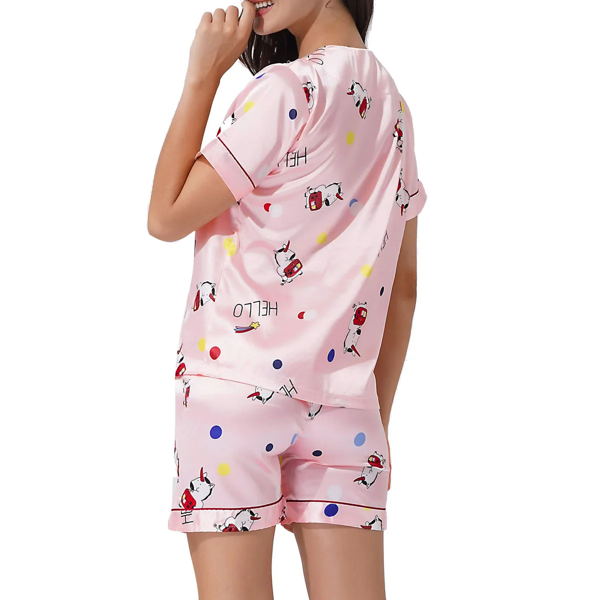 Women Cartoon Print Satin Pajamas Set  Short Sleeve Shirt and Shorts PJ Set Lounge Sleepwear