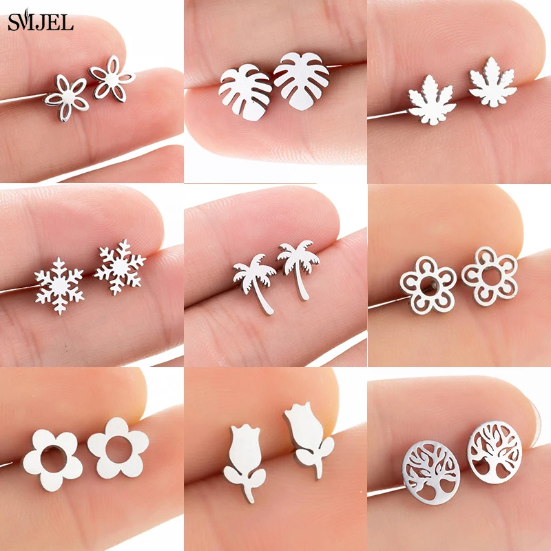 Bohemian Small Snowflake Stud Earrings for Women Girls Lily Daisy Coconut Tree Maple Leaf Flower Earings Vintage Jewelry Gift