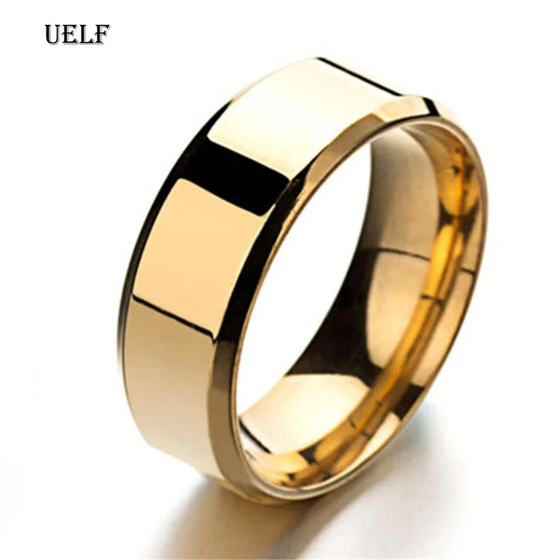 Uelf Simple Design 8MM Wide Stainless Steel Rings Trendy Rose Gold/Silver/Gold Color Wedding Ring Jewelry For Women Men