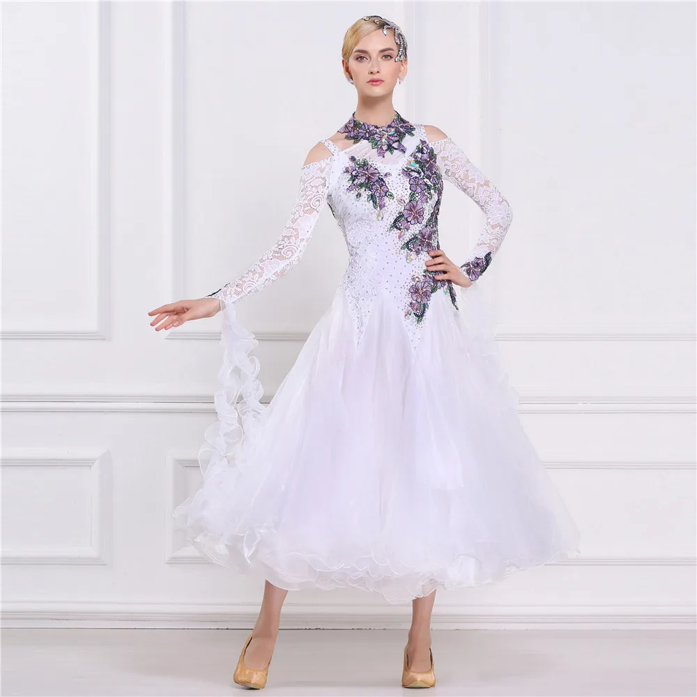 B-16186 White Ballroom Dance Dress Standard Skirt Competition Dress Costumes Performing Dress Customize For Adult Children