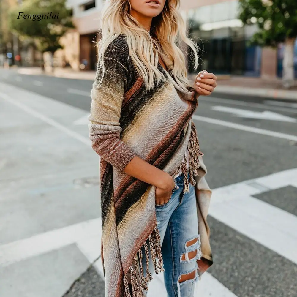 Women Long Poncho Sweater Winter Striped Shawl Tassel Coat Long Sleeve Knitted Sweater Cardigan  Fringe Sweater