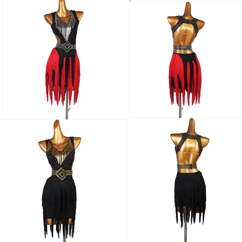 

red black latin competition dress tube beads fringe Rumba cha cha salsa tango dance dress S-XXXL lq178