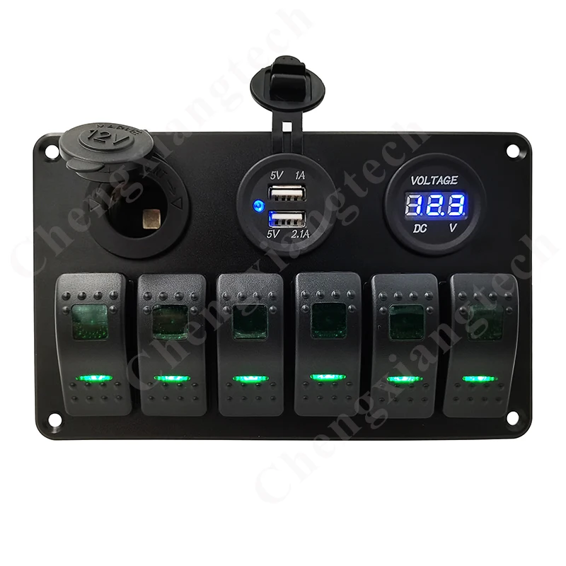 

Pre-Wired Aluminum 6 Gang Green Led Rocker Switch Panel + Blue Led Dual USB Voltmeter Power Cigarette Lighter Sockets Car Boat