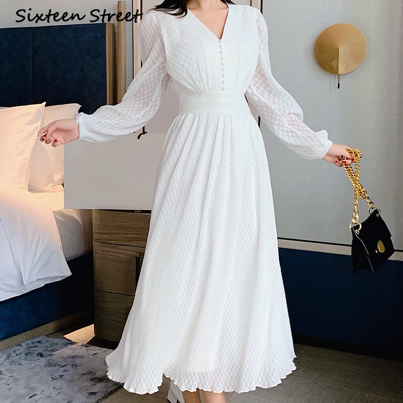 Elegant Ladies Korean Fashion Clothing French 2022 Autumn Spring Wave Point Folding V-neck Long Sleeve Maxi Dresses for Women