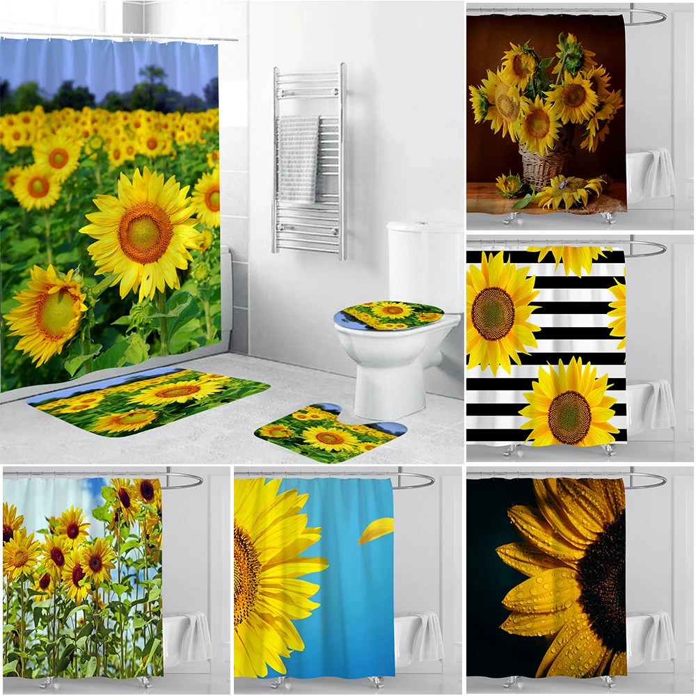 Sunflower Printed Shower Curtain Flower Waterproof Bathroom Curtain Set with Hook Home Decoration Cortinas De Baño 180x200cm