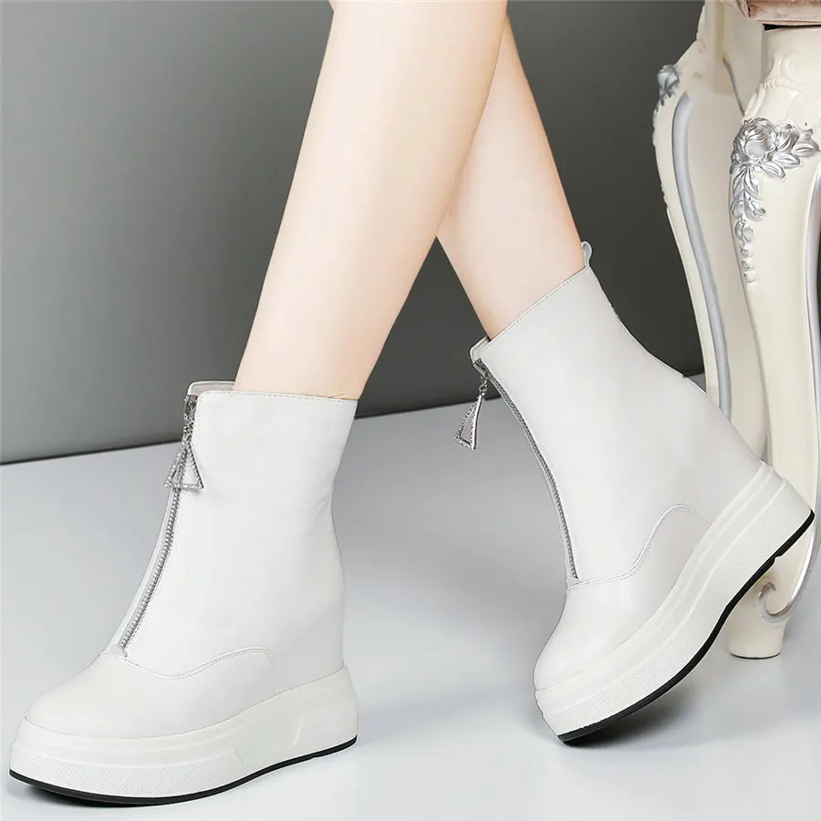 Platform Pumps Women Genuine Leather Wedge High Heel Motorcycle Boots Female High Top Round Toe Fashion Sneakers Casual Shoes