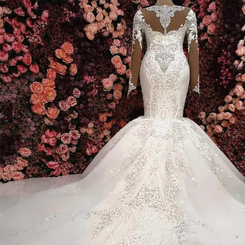 

2025 Mermaid Wedding Dress New Gorgeous Crystal Lace Applique Long Sleeve V-Neck Ruffle Bridal Gown Sheer Back Arabic Dubai