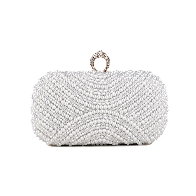 Beaded Women Evening Bags Pearl Finger Ring Day Clutch Wedding Bridal Handbags Full Pearl Embroidery Holder Purse