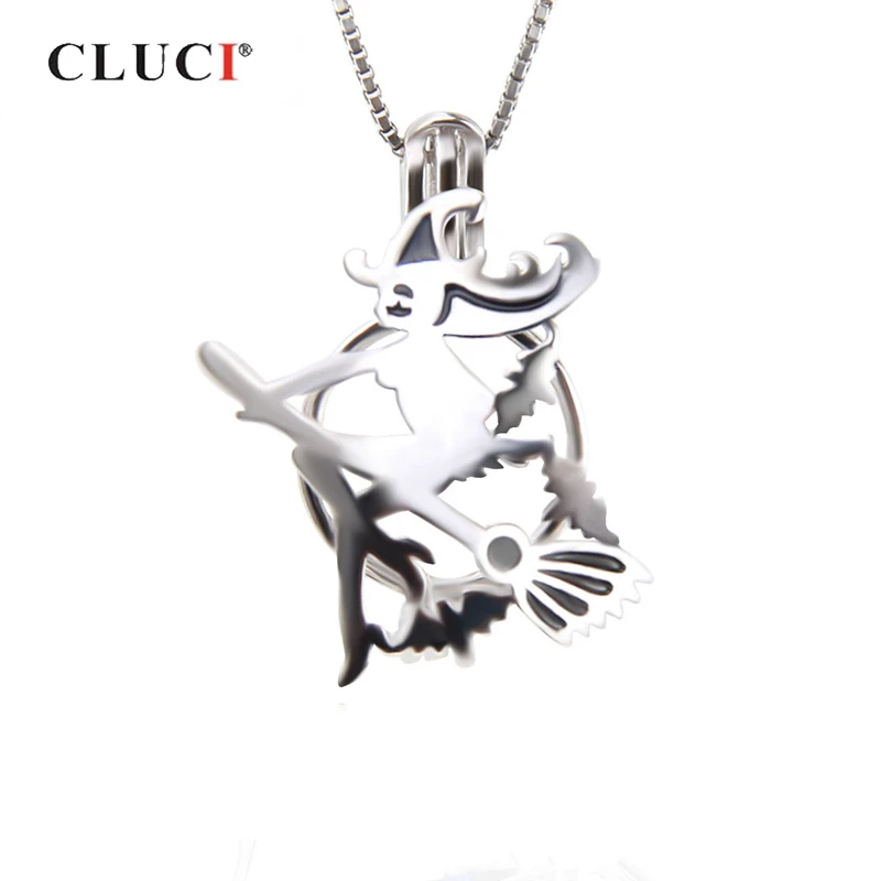 CLUCI Halloween 925 Sterling Silver Flying Broom Witch Cage Pendant Charm For Women Jewelry Real Silver 925 Pearl Locket SC322SB