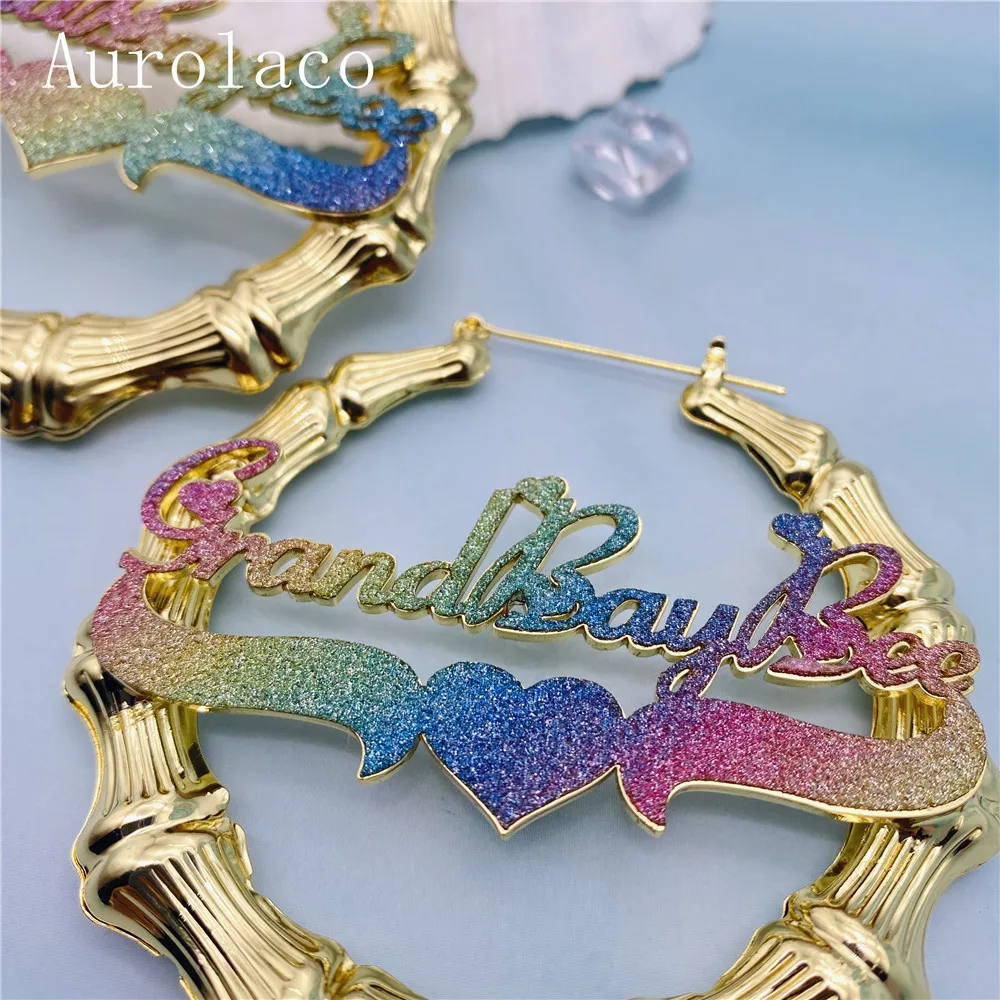 AurolaCo Custom Name Earrings Bling Name Earrings Colorful Sticker Bamboo Hoop Earrings Stainless Steel Earrings for Women Gifts