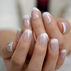 Breve stampa francese bianca su punte per unghie finte Beige naturale rosa 24 pezzi testa tonda copertura completa faux ongles per l'home Office Wear