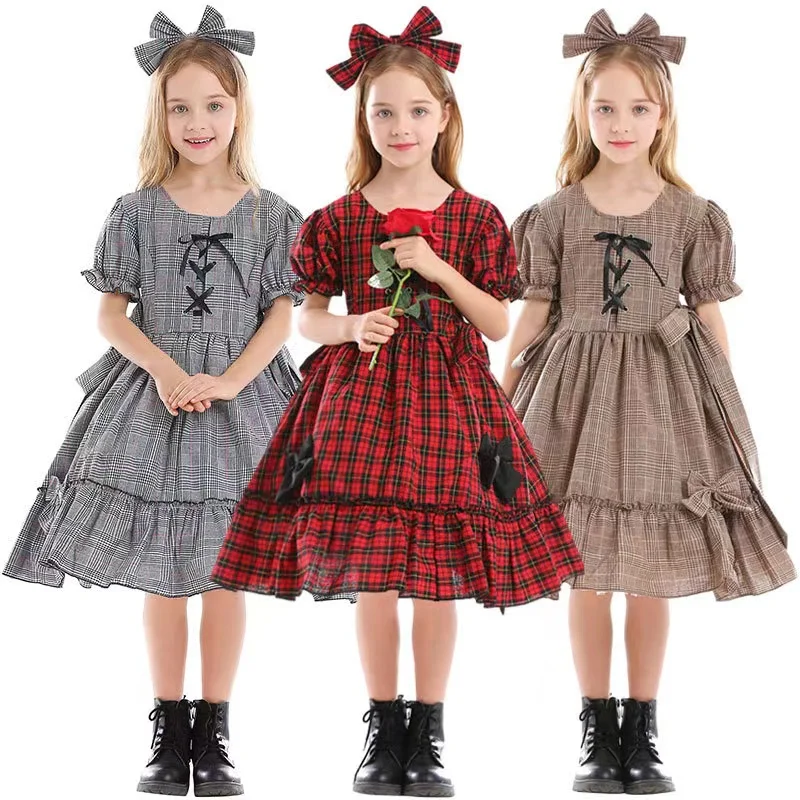 Robe de soirée Lolita rouge à carreaux pour filles, Cosplay Alice pour enfants, Costumes de serveuse d'halloween, de carnaval, de défilé et de jeu de rôle