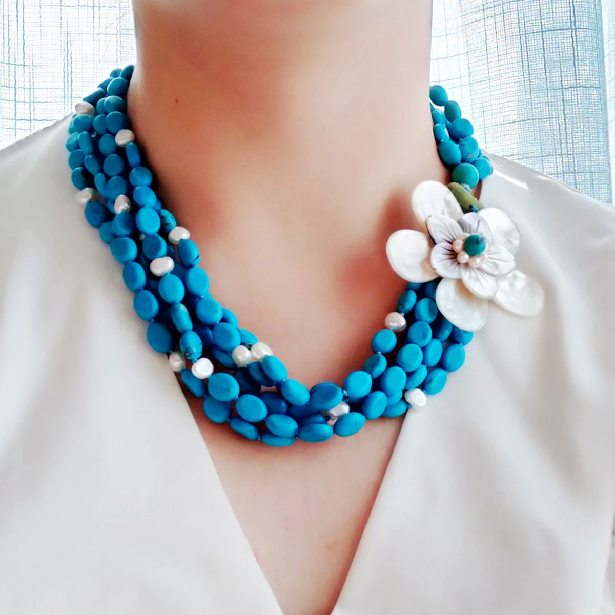 Lii Ji Real Freshwater Pearl Turquoise 5rows Statement Necklace Shell Flowers Big Necklace 52cm Women Jewelry