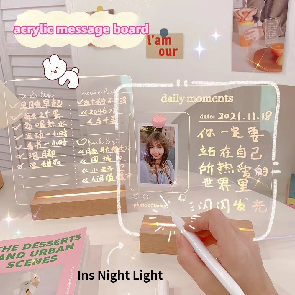Transparent Acrylic Luminous Message Board Erasable Note Board Writing Memo Night Light Ornaments Desk Room Decoration