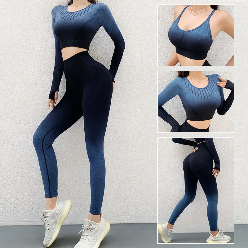 Ombre Womens Sportswear Seamless Yoga Set Workout Long Sleeve Crop Top Sports Bra Leggings Gym Clothing Fitness Sports Suits