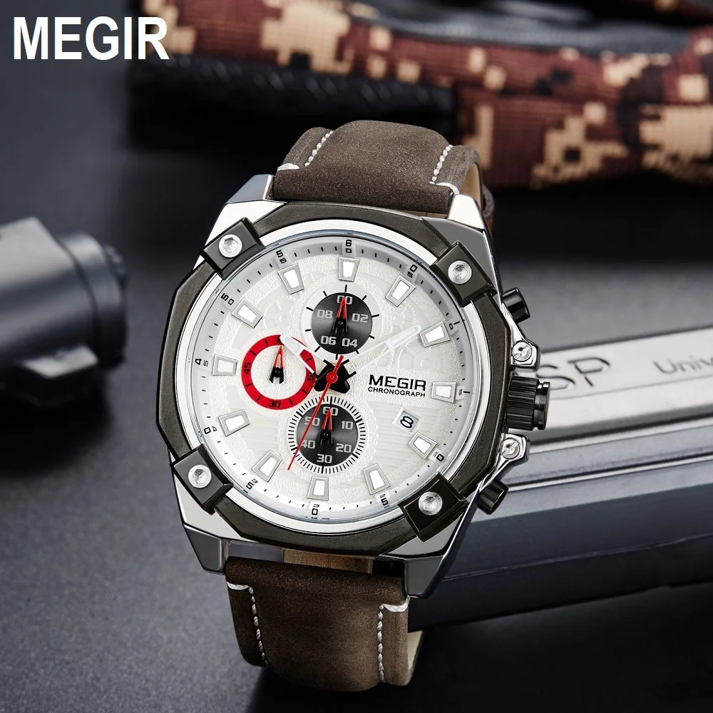 MEGIR Men Sport Watch Brand Chronograph Army Military Quartz Watches Clock Men Leather Wristwatch Reloj Hombre Relogio Masculino