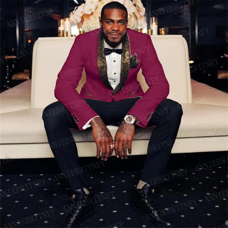 

2020 Burgundy Men Suit with Gold Lapel Custom Slim fit Wedding Suits for Men Fashion Groom Tuxedo Jacket with Pants 2 Pieces Set