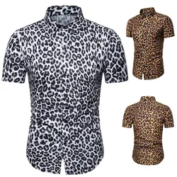 2021 Summer New Fashion Mens Leopard Printed Shirt Casual Button Shirts Men  Short Sleeve Sexy Streetwear Shirt