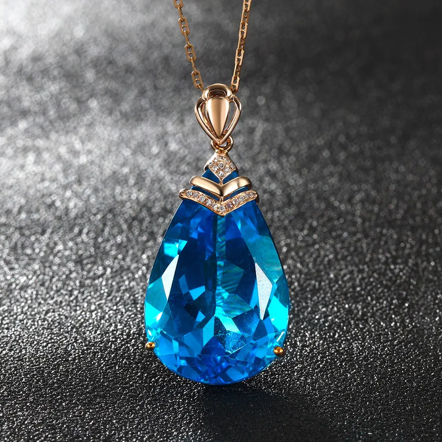 14K rose Gold Necklace Blue Sapphire Pendant for Woman Topaz Drop Chalcedony Pendant pierscionki Colgante Bizuteria jewelry