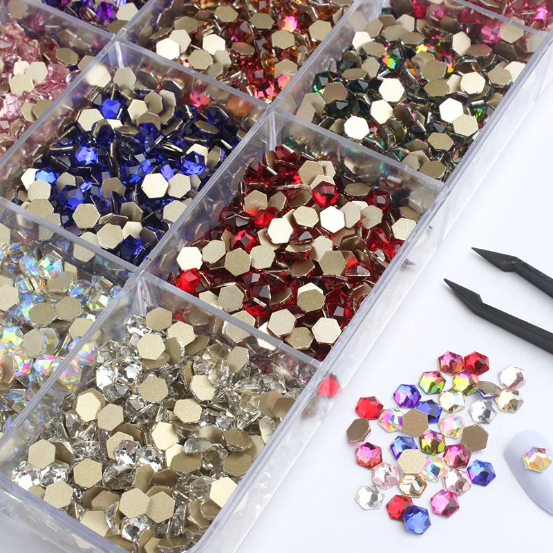 New sale Flat backRhinestones 6MM Hexagonal Mix color Glass crystal stone DIY Nail Art Decorations