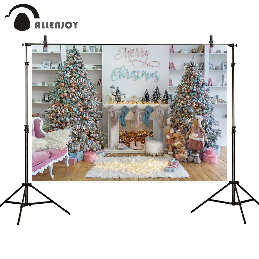 Allenjoy Christmas Backdrops Fireplace Socks Trees Rabbit New Year Background Feststival Girl Cake smash Photography Photozone