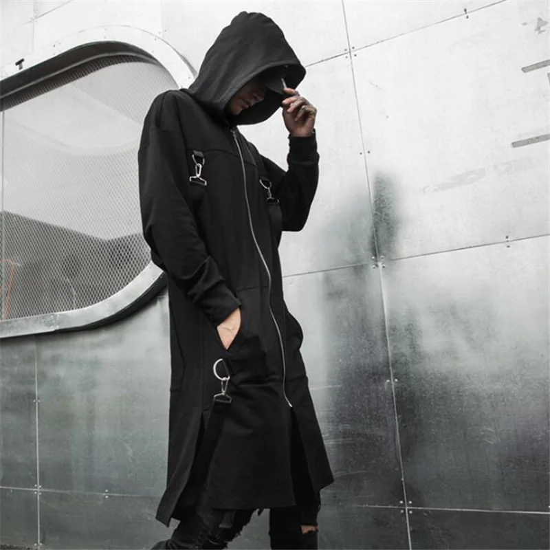 Spring autumn men ribbons patchwork punk hip hop long trench coat