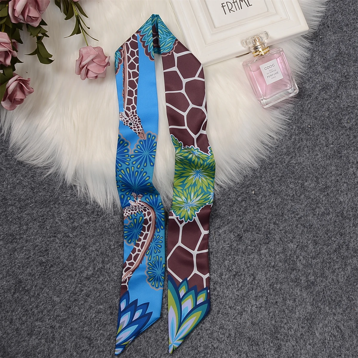 2023 Brand Design Giraffe Skinny Scarf Fashion Women Bag Scarves Hair Neck Silk Scarf For Ladies Striped Foulard Headband