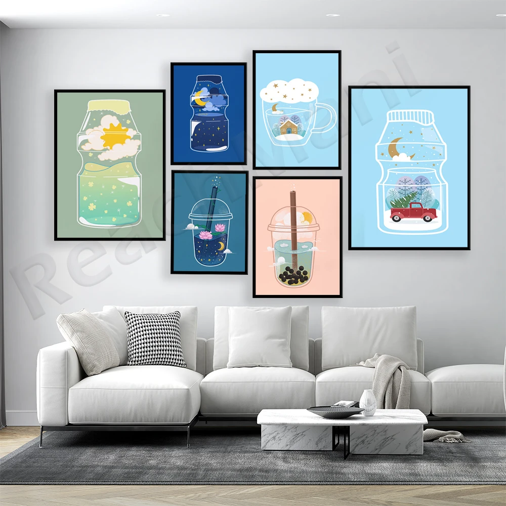 

Цветок страны чудес, молочный чай, кофейный принт, пузырьковый чай, принты Солнца и Луны, цветок, цветок, Азиатский напиток, принт, декоративн...